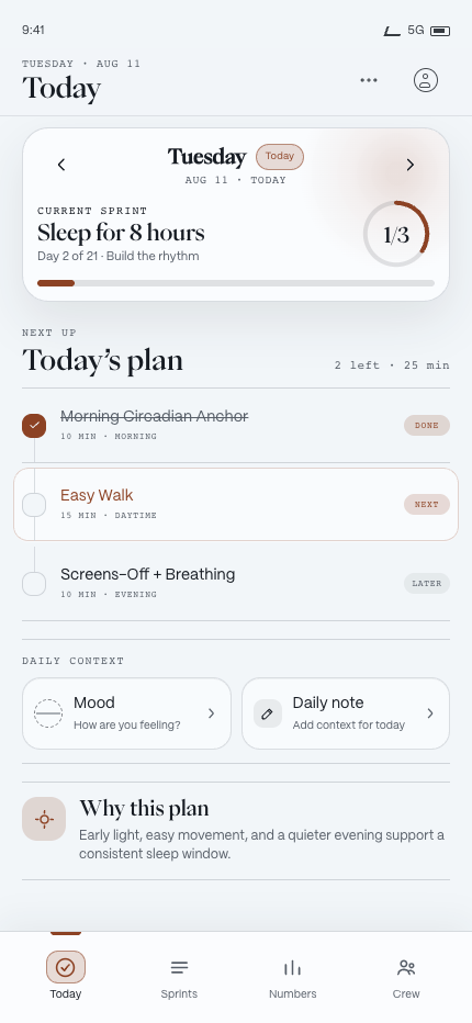 Current By Day mobile Today screen with sprint progress, tasks, mood, and a daily note.