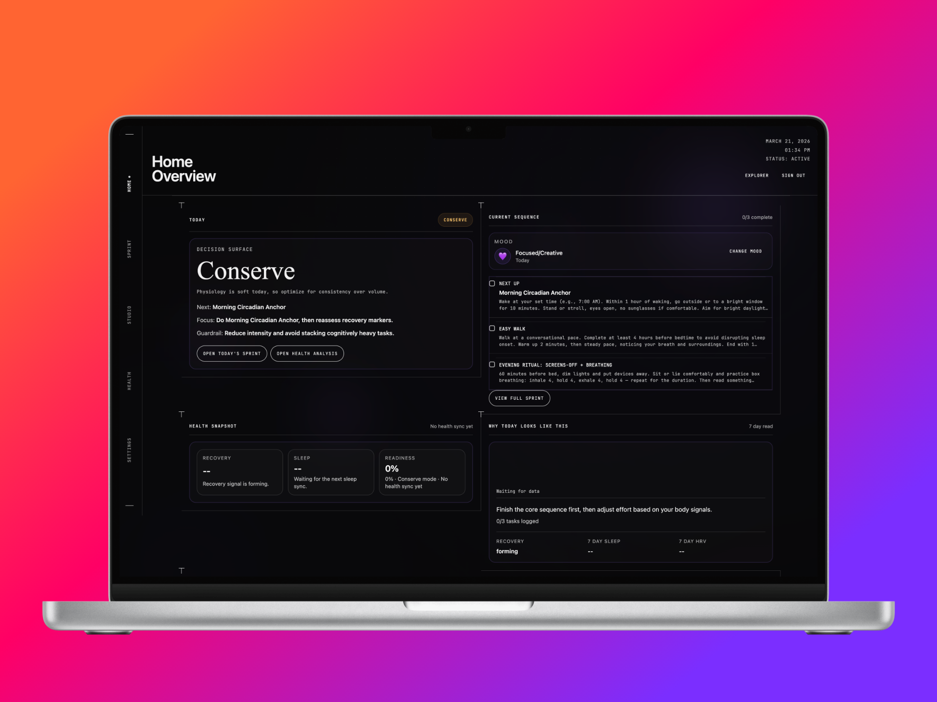 By Day Explorer web dashboard on a MacBook showing sprint tasks and health data