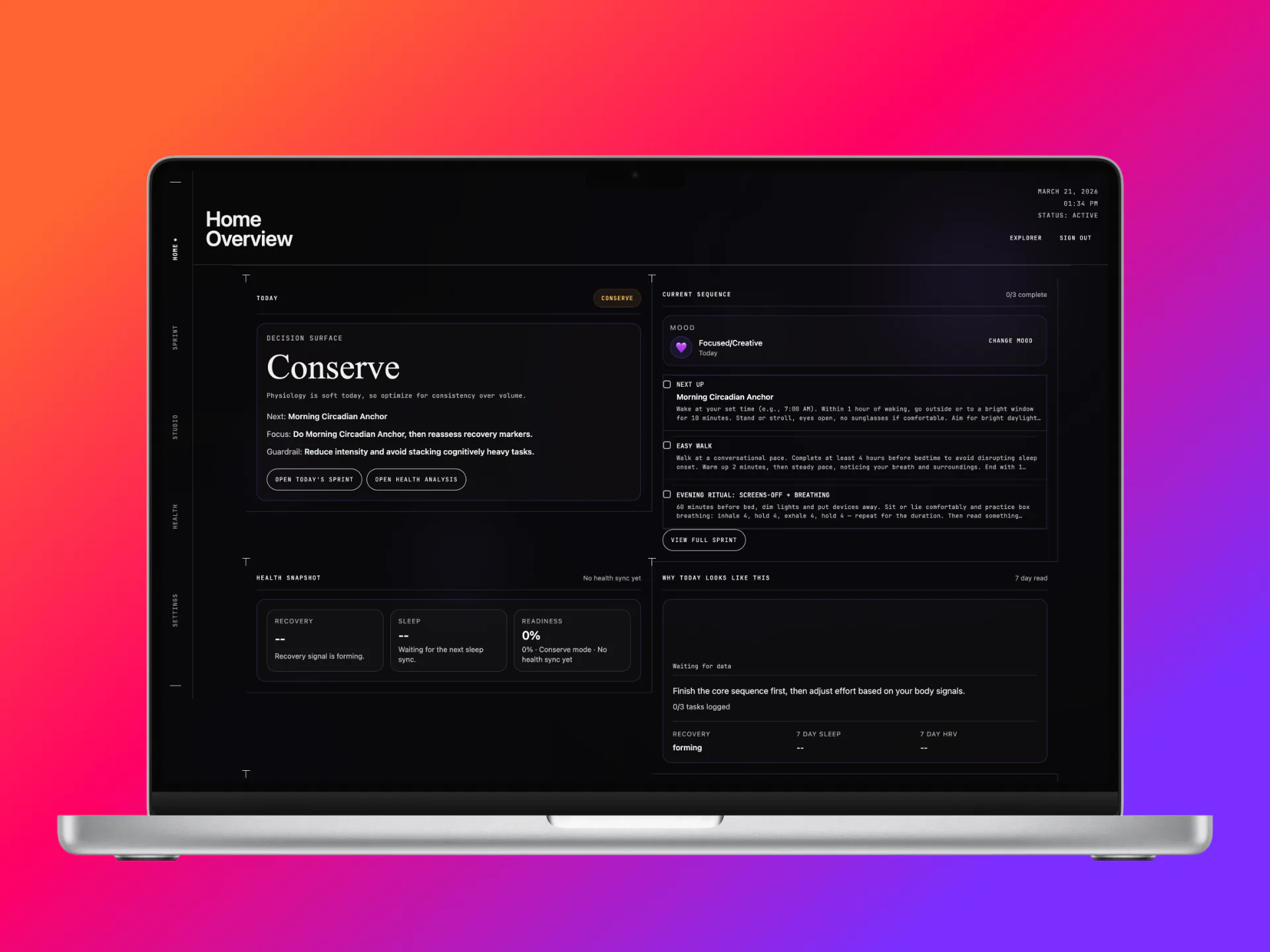 Current By Day web dashboard showing a sprint plan, today's task sequence, and a health snapshot.